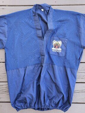 Vintage Men's Blue Mesh Acapulco Resort Shirt with Banded Waist - Size L
